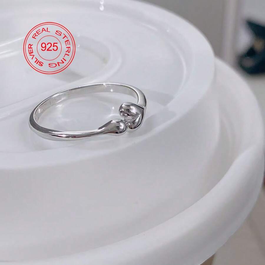 1 件简约风格 S925 银不对称心形开口戒指适合女士日常佩戴