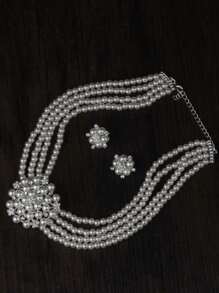 3 PiecesFaux Pearl Happiness Flower Wedding Necklace Earrings Jewelry Set Suitable For Dinner Party Brides Wedding Accessories