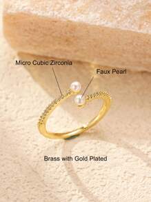 1pc Small Pearl Micro CZ Gold Bypass Ring, Dainty Cubic Zirconia Pearls Bypass Open Adjustable Rings For Women Gold Jewelry