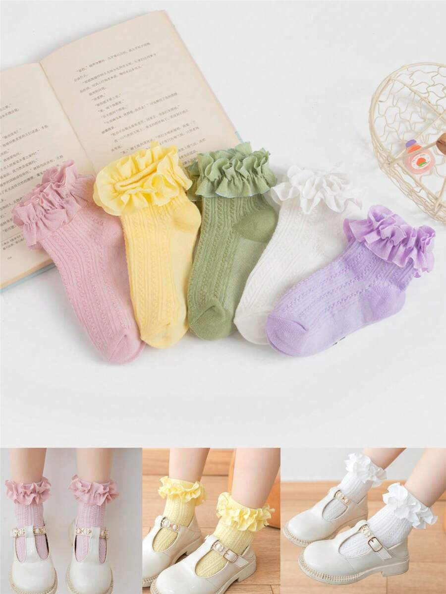 2Pairs Baby Girls Ankle Socks With Cable Pattern And Ruffle Lace Trim Cuff ,Cute And Nice,For Spring,Summer, Dance Socks&Party Socks&Daily Socks&Back To School UNIFORM Socks - Multicolor - View 1