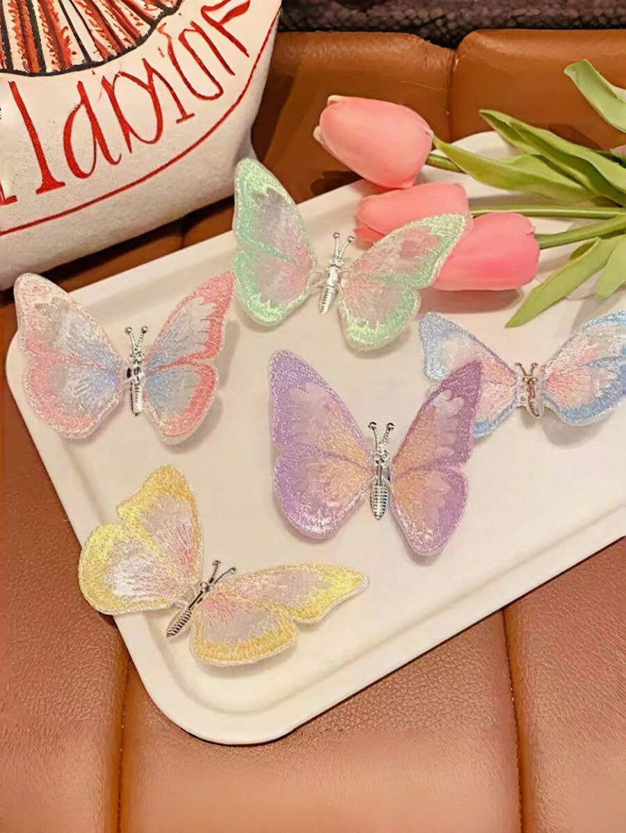 1pc Motion Sensor Metal Butterfly Hair Clip For Girls, 3D Embroidery Princess Style Hair Accessory