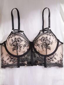 Conjunto de lencería sexy para mujer, sujetador de malla negra con bordado floral transparente, ropa interior para el Día de San Valentín, ropa de fiesta