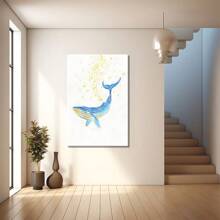 The Blue Whales And The Yellow Stars In The White Room. Large Wooden Framed Wall Painting Artist Home Decoration Oil Painting - Bedroom, Bathroom, Living Room, Office, Kitchen, Christmas Gifts - 1 Piece