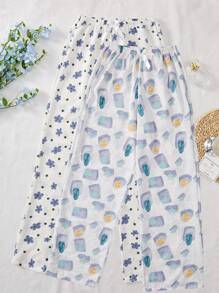 2pcs Floral & Plaid Pattern Lounge Pants - White - View 1