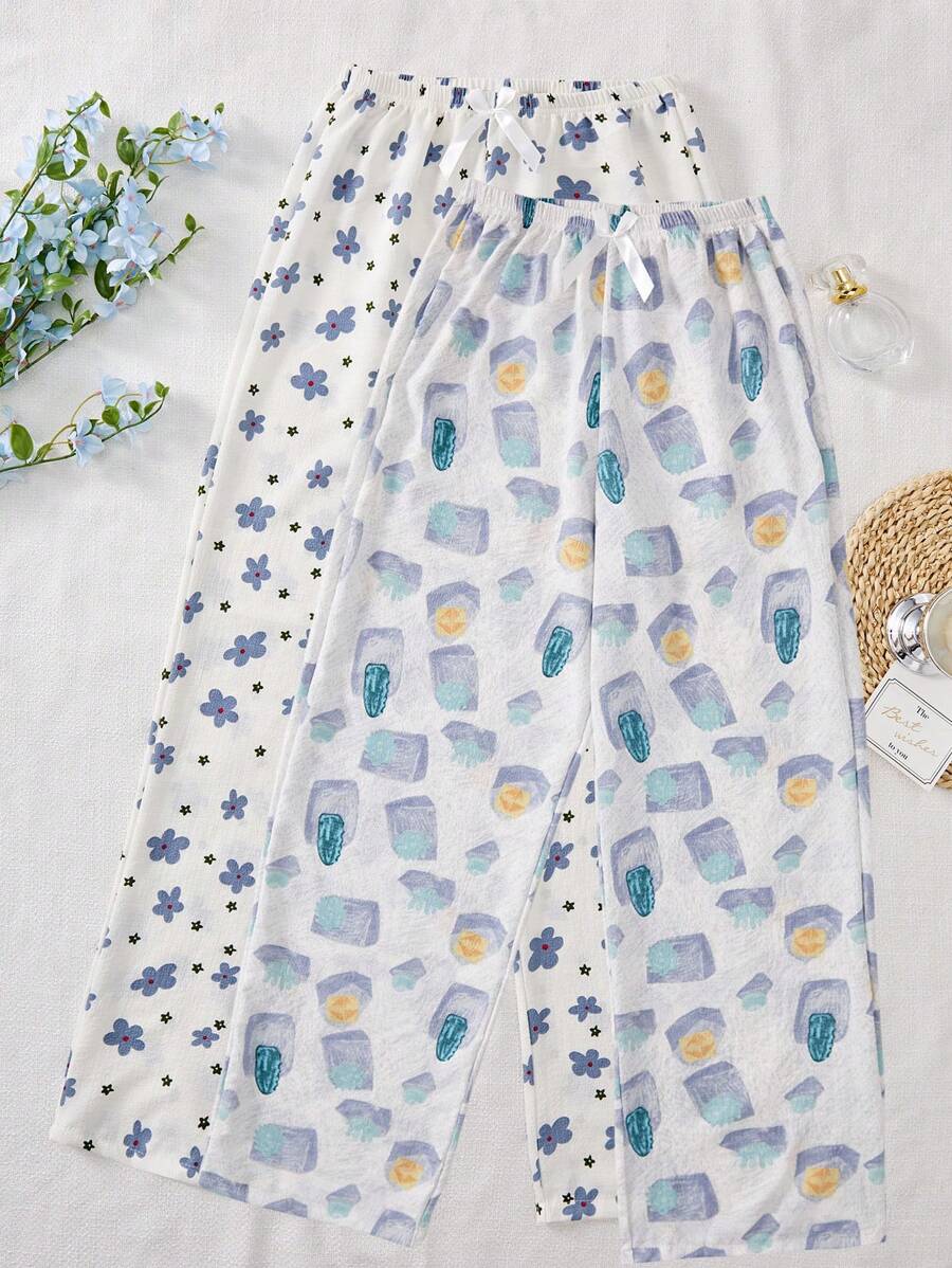 2pcs Floral & Plaid Pattern Lounge Pants - White - View 1