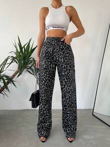 Pantalones vaqueros de mujer con cintura alta y estampado de leopardo, de mezclilla larga, casuales y para uso diario