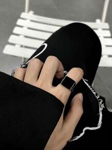 1pc Men's Simple Geometric Ring Steel/Black Color Flat Wide Band Ring - Silver - View 4