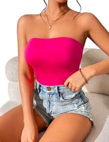 Unicolor Strapless Jumpsuit. - Hot Pink - View 3