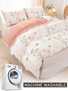 2/3件套粉色花卉印花涤纶被套套装，田园风格柔软透气儿童/女孩卧室床上用品套装，四季皆宜，拉链封口，可机洗（1个被套+1/2个枕套）