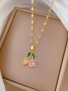 1 套不锈钢粉色樱桃项链和耳环套装，全镶嵌奢华微镶嵌个性化宴会珠宝礼物 - 金色 - 查看 2