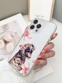 Fierce Animals 1pc TPU Hoge Transparante Kleurrijke Gedrukte Luipaard & Bloemenpatroon Schokbestendige Telefoonhoes Compatibel met iPhone 11/12/13/14/15/16 Pro Max
