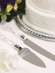 2Pcs/Set Wedding Cake Cutting Set, Including Stainless Steel Blade Cake Knife And Server, Silver Color With Acrylic Faux Crystal Handle, Perfect For Wedding, Bridal Shower, Anniversary, Housewarming And Birthday Gifts Christmas Gift Back To School