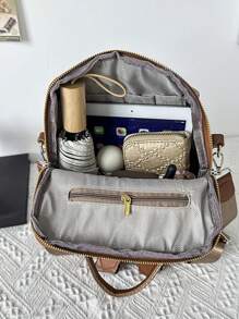 Vintage Style Splices Pu Soft Leather Women Backpack Purse, Fashion Day Bag, Multi-Pocket Convenient Travel Bag, Simple Large Capacity School Bag, Suitable For Students, Travel Vacation, Camping, Hiking, Business Trip, Daily Commute, Shopping, Office, Dating, Birthday Gifts, Holiday Gifts