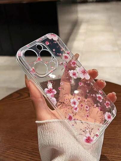 Flower 1pc 新款简约桃花透明 TPU 防震手机壳，适用于 Apple 16 Pro Max、11、15 Pro Max、14 Pro Max 和 Galaxy、Honor X6A、X7B、X8B、Honor 90 Lite、S25 系列、S24 系列防水防摔防刮