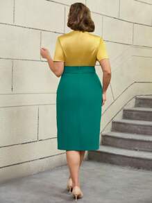 AOMEI Vintage Two Pieces Set Gold Shiny Short Sleeves Tops High Waist Pencil Skirt Party Fashion - Gold - View 3