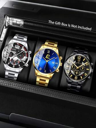 3 件装男士时尚石英表日期休闲男士手表套装