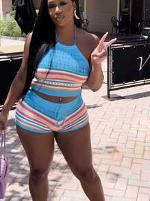 FOR BEAUTY 女士春夏季两件套服装，条纹拼色度假装，领带，修身针织毛衣，短款无袖上衣和臀部紧身女士短裤服装针织套装 - 藍色 - 查看 4