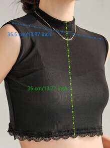 1 pieza Top corto de mujer con cuello alto, recorte de encaje de malla y sin mangas, estilo elegante adecuado para primavera, verano, otoño, invierno