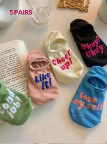 5 Pairs Women's Cute Breathable Letter Pattern Ankle Socks, Boat Socks, Invisible Socks, Fashion Socks, Soft & Comfortable, White Socks, Candy Colors, Minimalist Design, Student Socks, Suitable For Daily Casual Wear, All Seasons - Multicolor - View 13