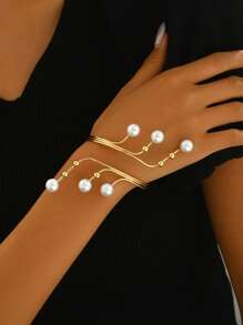 1Set (1pc Geometric Line Pearl Gold Bracelet And 1pc Geometric Line Pearl Ring) European And American Style Vintage Fashion Gold Geometric Line Pearl Bracelet And Geometric Line Pearl Ring Jewelry Set, Fashionable And Cool, Summer, Long-Lasting Pearl Bracelet And Pearl Ring Jewelry Set Suitable For Women's Daily Wear, Various Holidays, Social Gatherings, Activities, Jewelry Accessories, Couple Gifts, Etc.