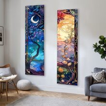 2 件套波西米亚风日月相竖幅挂毯，梦幻星空窄款挂毯，月光风景美学艺术挂毯，理想的节日礼物，涤纶包边，卧室墙面装饰 - 彩色 - 查看 4