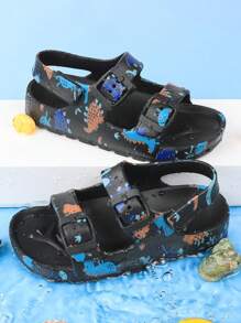 Kids' Beach Slippers, Summer Slip-On Sandals, Girls' Open Toe Sandals, Breathable Water Shoes, Printed, Hook And Loop, Outdoor Shoes - Black - View 7