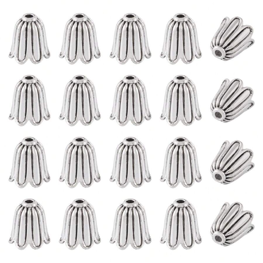 20 piezas Cuentas espaciadoras con forma de flor en color plata envejecida de 10x10mm, casquillos terminales metálicos para hacer joyas DIY