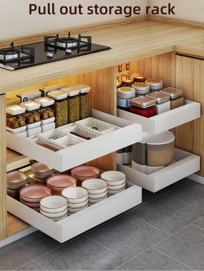 易滑式钢制橱柜储物抽屉 - 可扩展，纳米粘合剂固定，节省空间，可调节，经久耐用，安装简便，适用于厨房和客厅食品储物架（带滑轨），白色