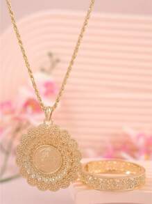 1 套中东风格镂空金属手链 + 双层吊坠项链，带人头图案，首饰套装 - 飾品套裝 - 查看 3