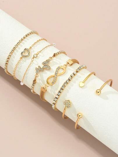 8pcs Fashionable & Elegant Metal Multi-Element Faux Pearl, Heart, Butterfly, Infinity, Rhinestone Charm Bracelet Set, Personalized Delicate Sweet Layered Wristband, Ideal Gift For Friends, Family, Lover, Holiday, Party, Daily Wear, Anniversary