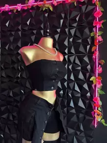 FALDA SHORT  CON TOP TONO NEGRO - Negro - Ver 7