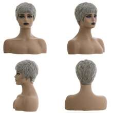 Elegant Short Pixie Cut Bob Wig With Bangs - Gray Layered Human Hair, Straight Style, Perfect For Parties & Cosplay, Machine Made,Hair Wig