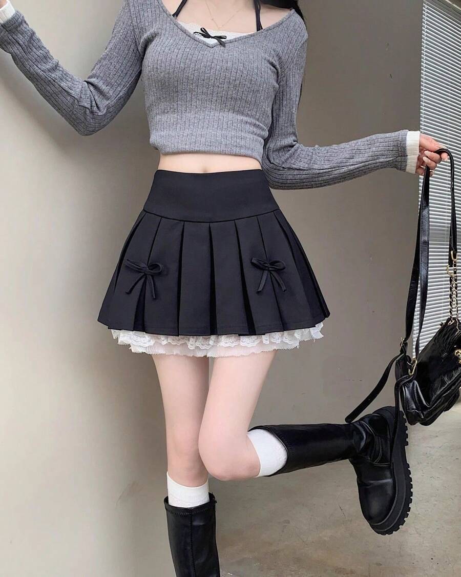 Bow- Embellished Pleated Sweet Skirt, Lace-Trimmed Pleated Mini Skirt - 黑色 - 查看 1
