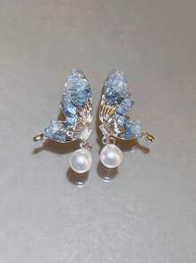 2pcs Fashionable Druzy Blue Crystal Butterfly Pearl Stud Earrings, Suitable For Women's Daily, Travel, Banquet, Party Wear