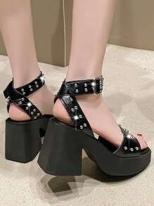 2025 Spring Thick Sole Wedge Sandals For Women, Strap Open Toe Waterproof Platform High Heel Studded Sandals - Black - View 6