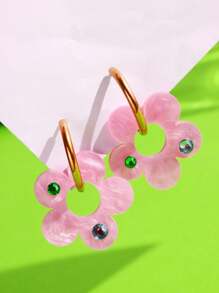 One Pair Of Alloy Acrylic Earrings With Detachable Transparent Pink Flower Pendant Hoop Earrings With Rhinestone, Fashionable And Sweet Design For Women, Suitable For Wearing During Seaside Travel Vacation. Valentines,Mom,Mother,Mother's Day,Gift