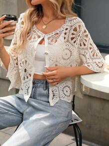 Casual Semi-Sheer Button Decor Round Neck 3/4 Sleeve Cardigan, Holiday Style - Apricot - View 5