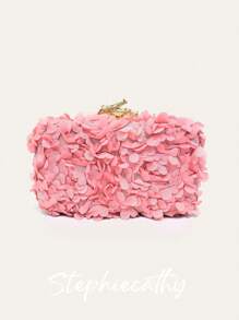 Bolso de mano de tela con aplicación floral de pétalos románticos y dulces, con marco metálico y cadena, elegante y fashionable para bodas, cenas, fiestas y citas, un regalo