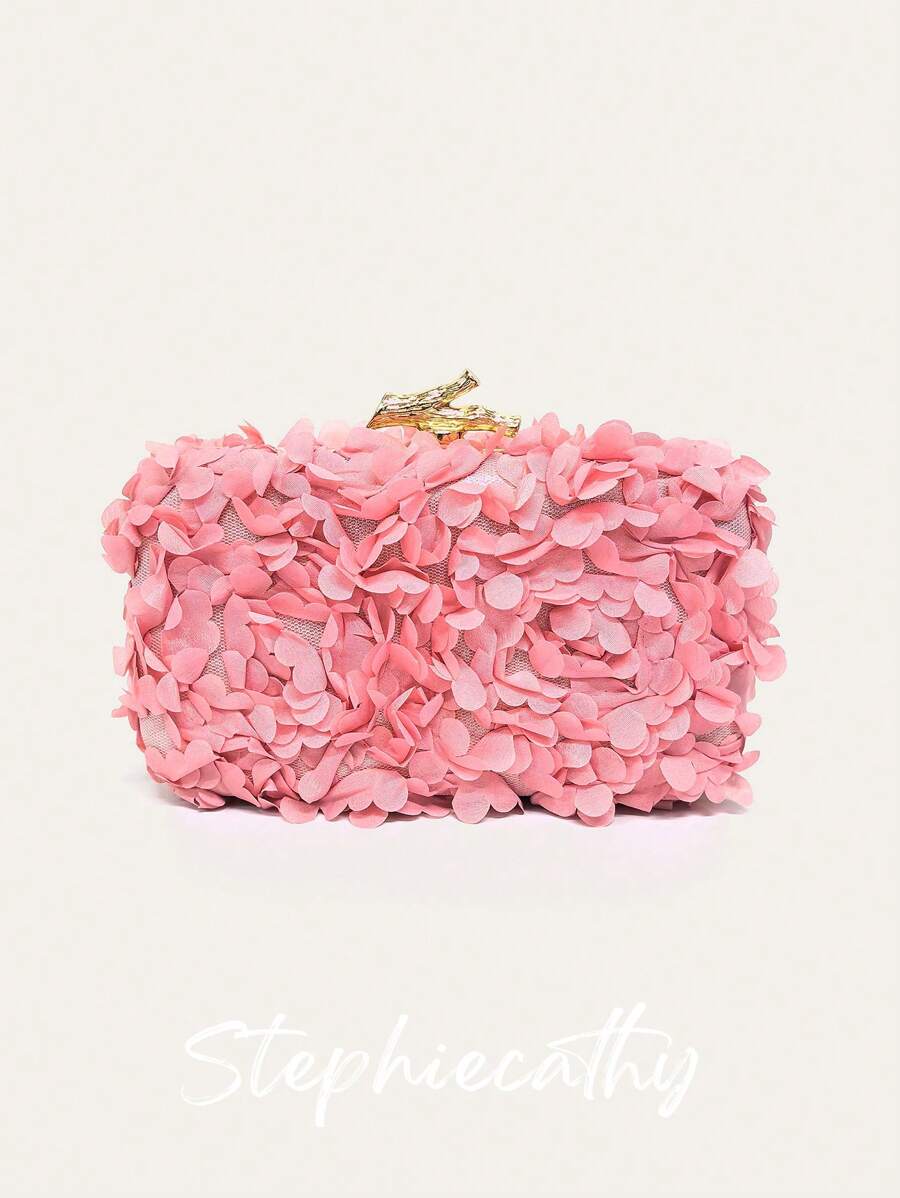 Bolso de mano de tela con aplicación floral de pétalos románticos y dulces, con marco metálico y cadena, elegante y fashionable para bodas, cenas, fiestas y citas, un regalo