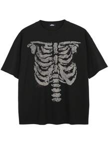 Tiny Spark Camiseta de manga corta de cuello redondo casual con estampado de esqueleto para hombres, versátil para el verano