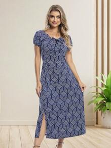 Long Blue Dress With Boat Neckline And Elegant Side Slit - 藍色 - 查看 1