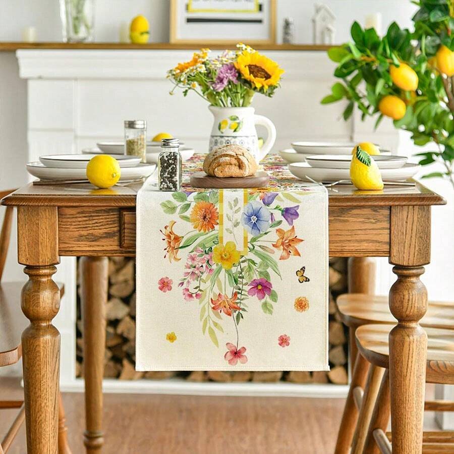可爱橙色花卉蝴蝶夏季桌布，季节性春季厨房餐桌装饰家居派对装饰 - 彩色 - 查看 1