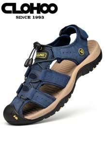 CLOHOO Brand Genuine Leather Rubber Thick Sole Handmade Casual Closed Toe Men's Sandals, Breathable & Versatile Beach Shoes - Blue - View 2