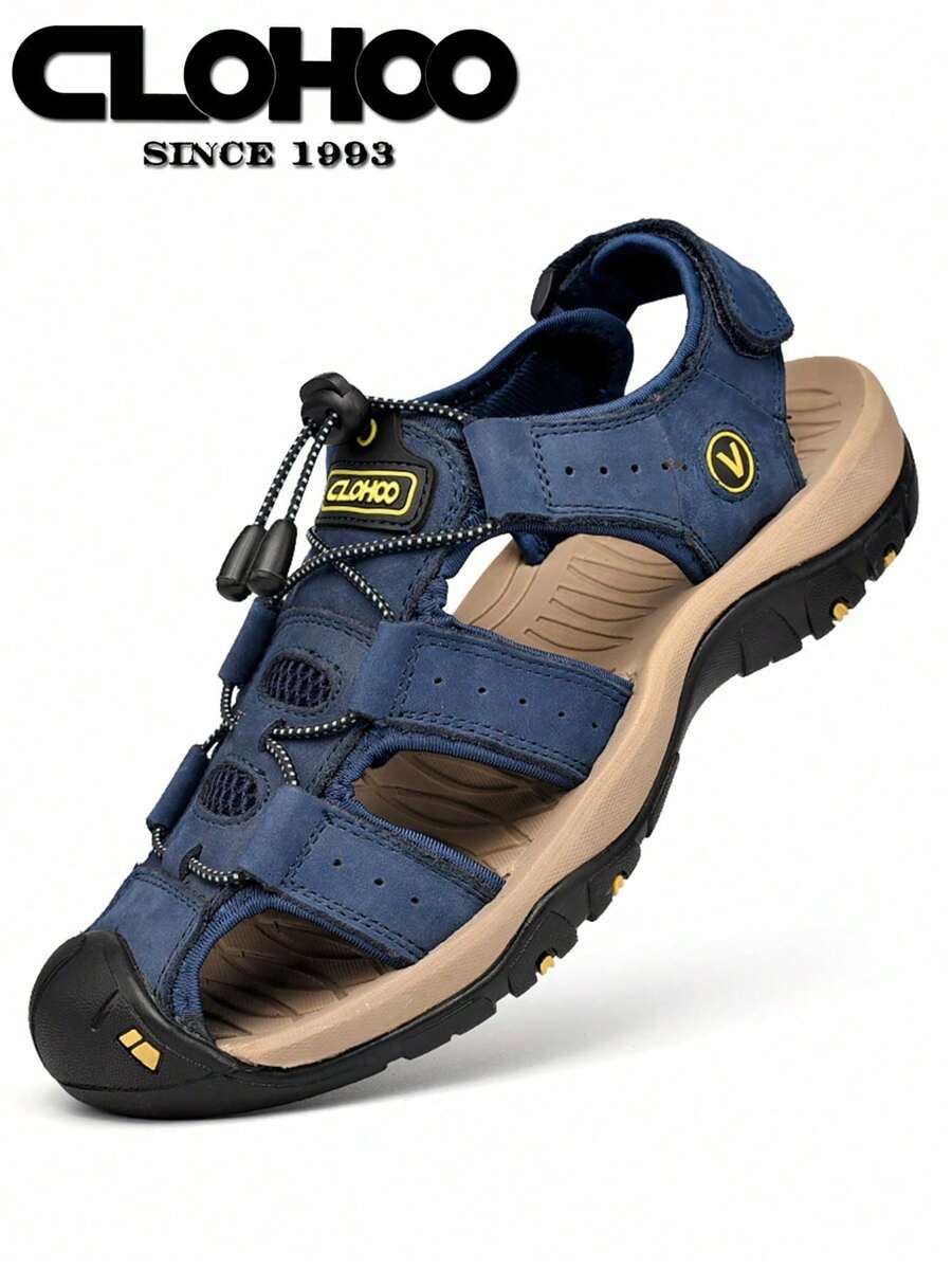 CLOHOO Brand Genuine Leather Rubber Thick Sole Handmade Casual Closed Toe Men's Sandals, Breathable & Versatile Beach Shoes