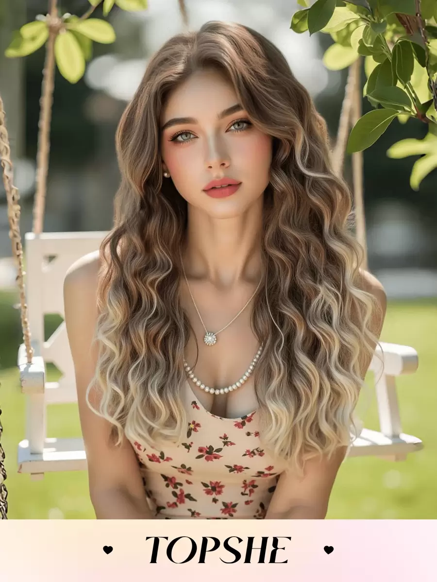 TOIPSHE Stilvolle 26-Zoll Farbverlauf Gold Mittelteil Kleine Locken Synthetische Hitzebeständige Faser Perücke für Frauen, perfekt für Ferien-Partys und den Alltagsgebrauch