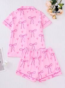 2pcs Plus Size Women Pajama Set, Bow Print Short Sleeve Shirt Collar Button Up Top And Loose Elastic Shorts, Suitable For Overweight, Holiday Party Sleepwear, Casual Home & Outdoor Comfortable Women Loungewear