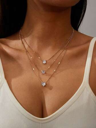 1 件多层项链，带心形、星星、月亮、水滴形吊坠设计，简约锌合金金属金色时尚个性化项链，适合女士日常佩戴