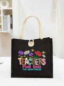 1 pièce Sac à main en lin imprimé floral avec lettrage enseignant, cadeau pour enseignants, sac cadeau à motif lune et étoile, sac de courses portable et pliable, sac de rangement léger, sac de courses simple, sac de rangement pour infirmière, médecin, enseignant, cadeau pour mère, maquillage de voyage personnel, sac de courses, grand espace de rangement, toujours les meilleurs cadeaux de la Saint-Valentin