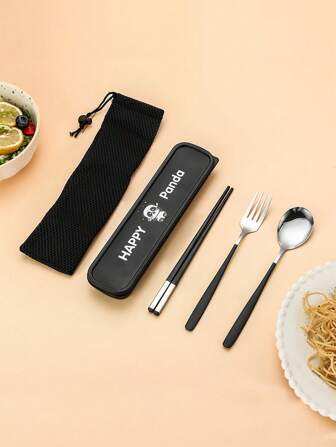 Portable Cutlery Set With Case & Bag, Cartoon Panda Travel Utensils, Portable Silverware Set For Work, 18/10 Stainless Steel Reusable Travel Cutlery Set, Fork And Spoon Chopsticks Set For Camping, School, Picnic, Gadgets, For Lunch Box,School Supplies