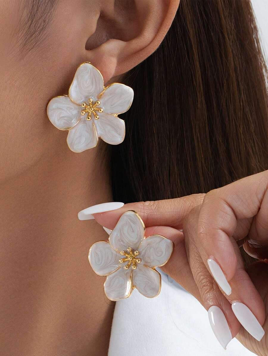 1 Pair Women Elegant Enamel Floral Decor Minimalist Fashion Earrings, Suitable For Daily Outfit - Multicolor - View 1